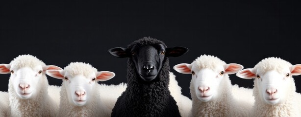 Group of white sheep with one black sheep in the center on black background.