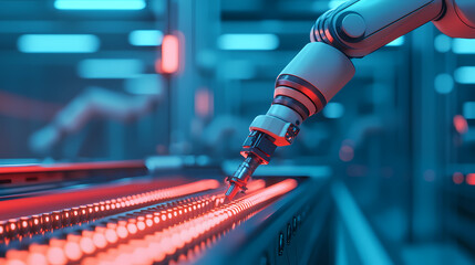 A robotic arm is actively working on a production line, illuminated by vibrant blue and red lights, showcasing advanced technology in an industrial setting.