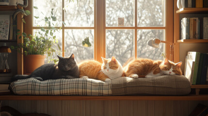 Obraz na płótnie Canvas Cozy cats lounging by sunlit window, enjoying peaceful afternoon. Their relaxed expressions and warm colors create serene atmosphere in home setting