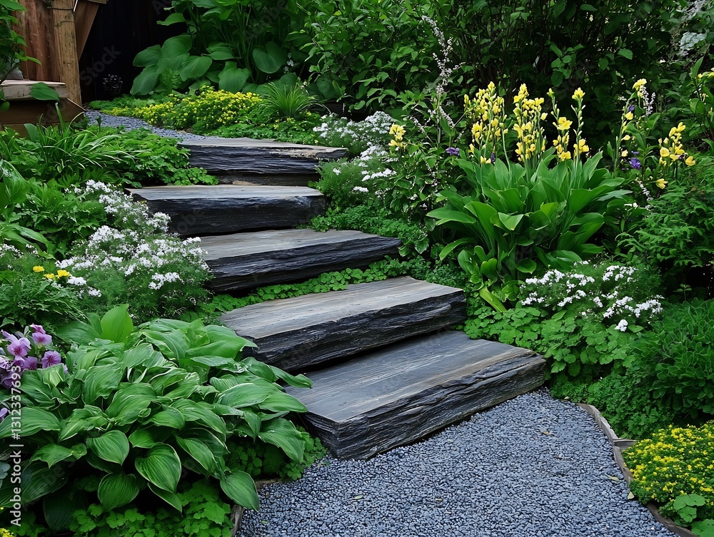 Poster charming floral garden pathway with slate steps surrounded by vibrant greenery and blooms : generati