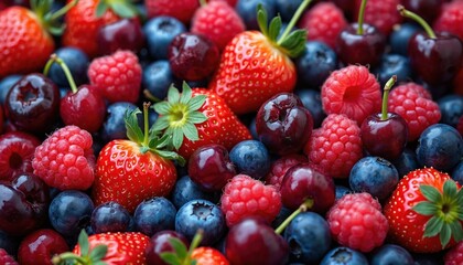 Vibrant mix of fresh berries strawberries, blueberries, raspberries, cherries. Colorful fruit background, healthy organic natural food full of antioxidants, macro view. Vegetarian vegan seasonal