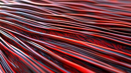 Red wires abstract, close-up shot. Power lines idea, networking cable. Communication backdrop