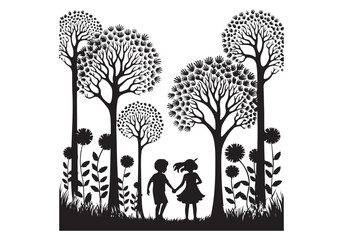 Children in Forest Vector Silhouette Illustration  Get this silhouette vector of children holding hands in a forest. Perfect for nature-themed designs, children's illustrations, and more. 