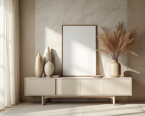 neutral-toned console with decorative vases and pampas grass