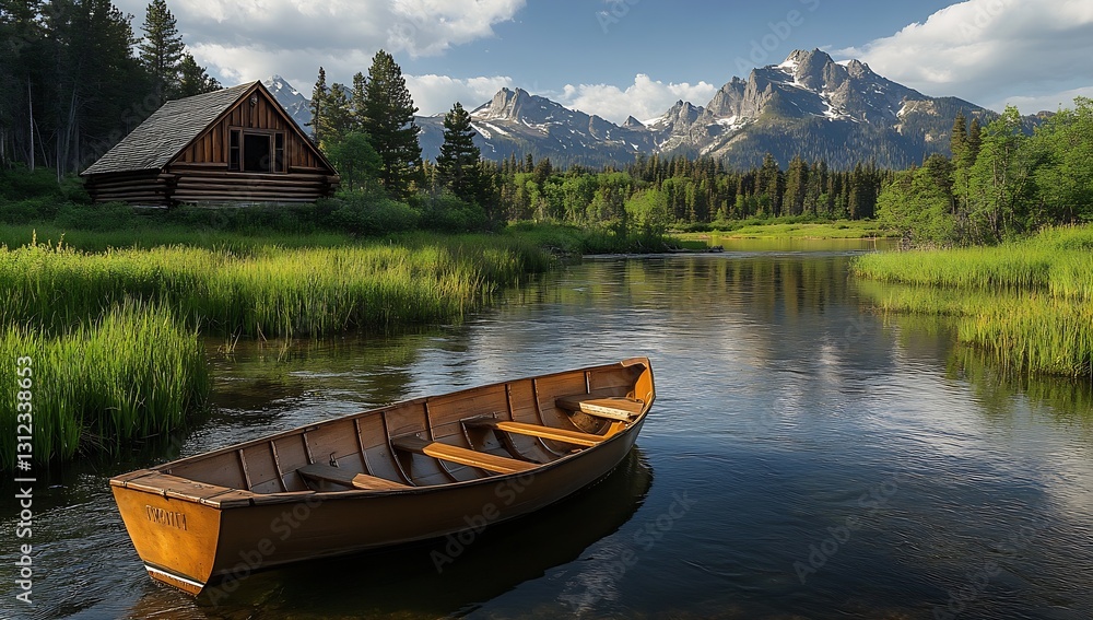 Poster tranquil lakeside view featuring a wooden rowboat and a cozy cabin with stunning mountain backdrop :