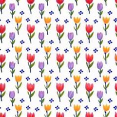 Colorful tulip floral pattern on white background.