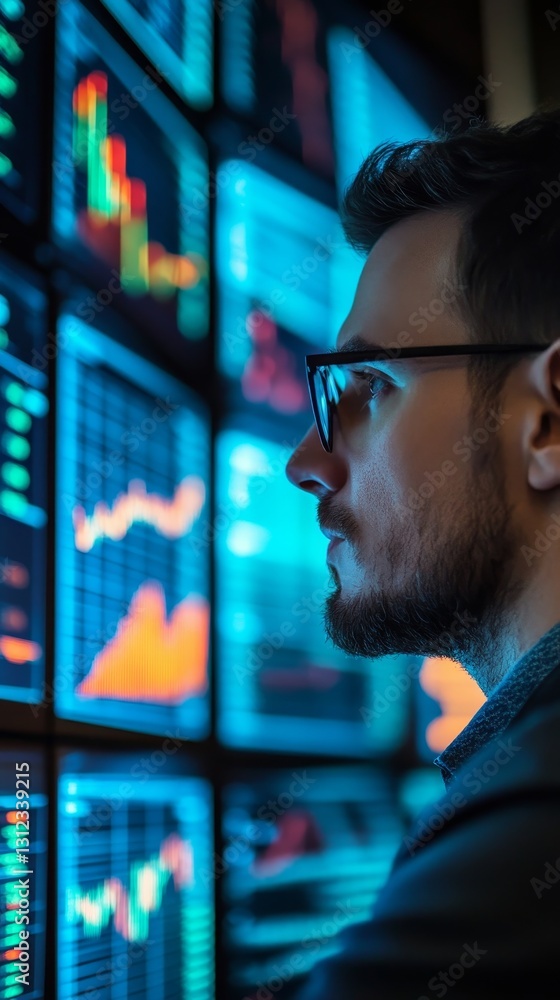 Poster a man is looking at a computer screen with many graphs and numbers