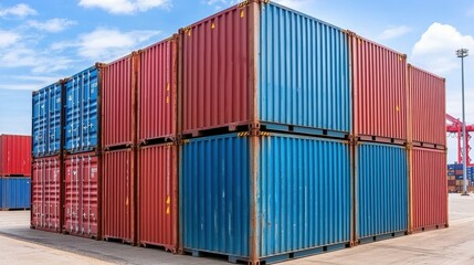 Fototapeta premium Colorful shipping containers are neatly stacked at a bustling port, showcasing efficient logistics and international trade. The sun illuminates the scene on a clear day
