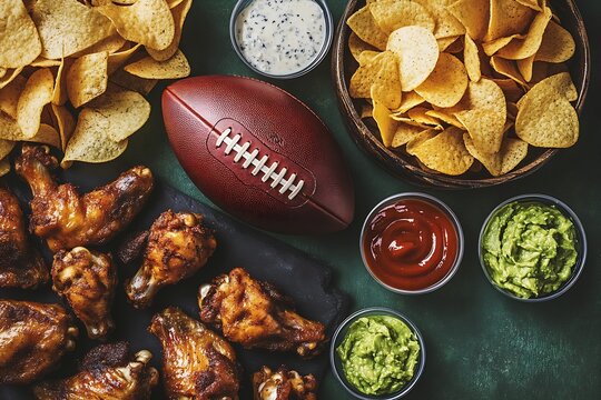 Game Day Feast with Chicken Wings Nachos and Football for Party Celebration : Generative AI
