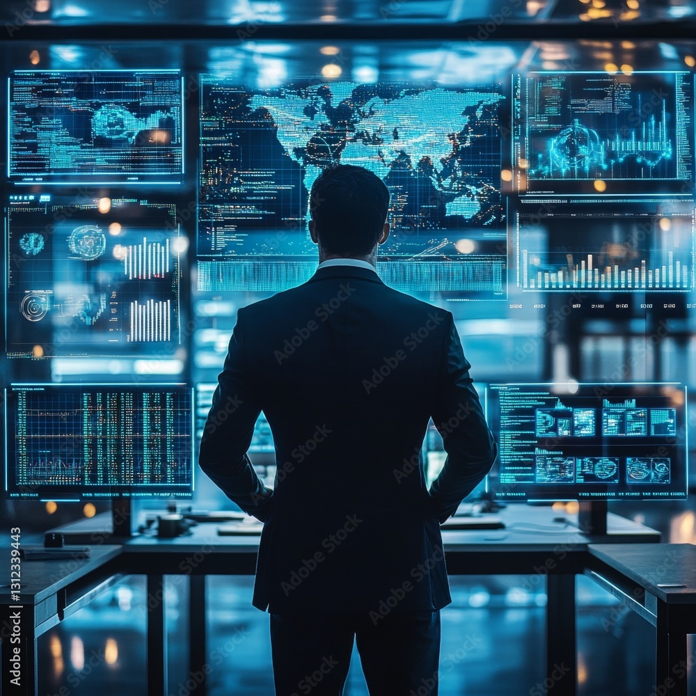 Poster the man is focused on the screen, possibly analyzing data or making a decision