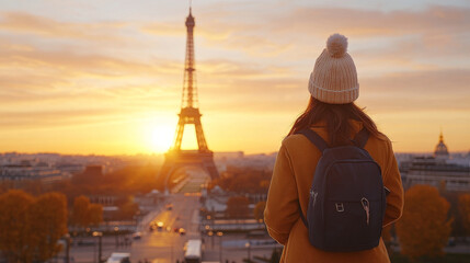 woman with backpack watches sunset over Eiffel Tower in Paris, creating serene and picturesque scene