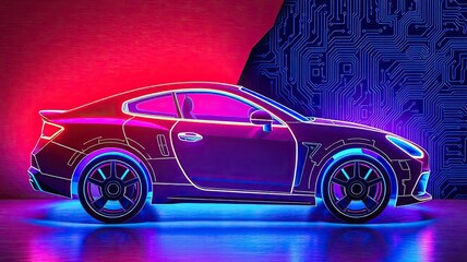 Futuristic Neon Car Electric Vehicle Technology Background Circuit Board Automotive Design