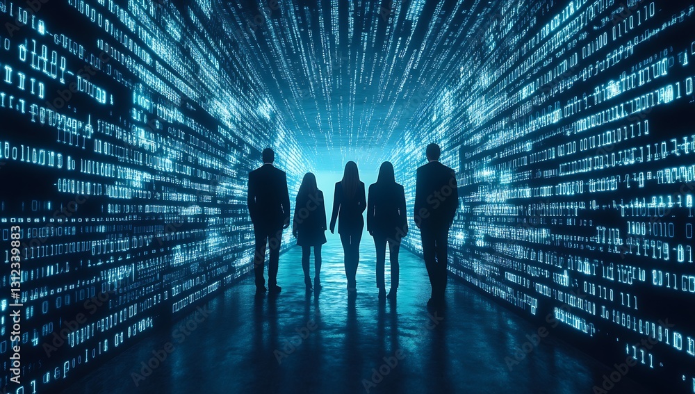 Poster Silhouetted group in a luminous digital tunnel representing advanced technology and professional unity : Generative AI