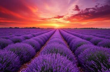 Obraz premium Stunning Lavender Fields at Sunset Showcasing Beautiful Purple Blooms and Dramatic Skies : Generative AI