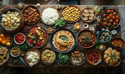 Fototapeta premium A vibrant overhead view of a lavish feast showcasing diverse cuisine on a rustic wooden table