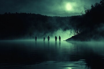 Fototapeta premium A group of people are walking through a foggy forest