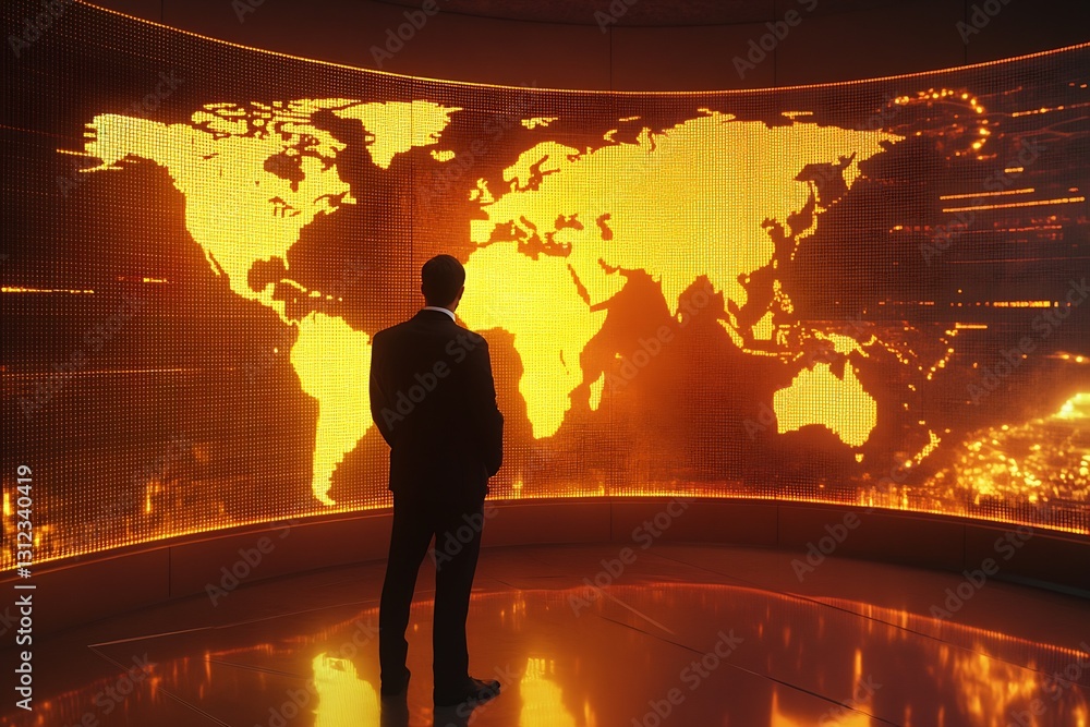 Aufkleber Business Executive Observing Bright World Map on High-Tech Screen with Digital Data : Generative AI