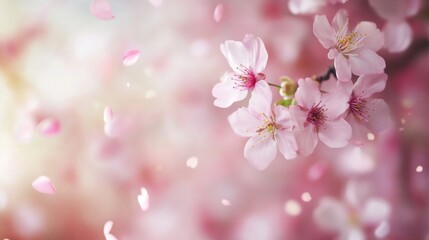 Obraz premium Cherry blossoms in full bloom, delicate pink petals falling gently generative ai