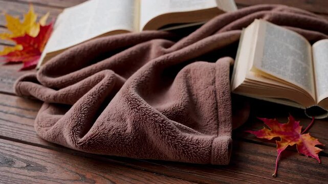 Cozy autumn setting with a cup of hot tea, an open book, and a soft brown blanket on a rustic wooden table, accompanied by vibrant fall leaves