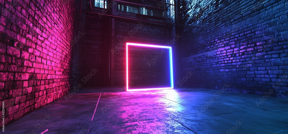 Poster Illuminated neon square in an industrial setting that creates a captivating visual focal point : Generative AI