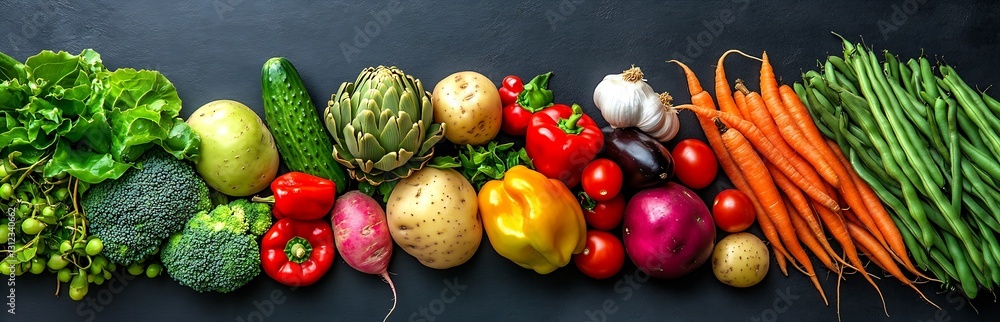 Aufkleber colorful array of fresh vegetables including peppers and broccoli on a dark surface : generative ai
