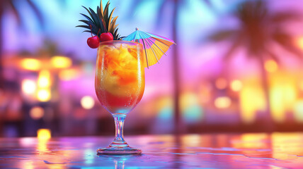 A vibrant tropical cocktail in a stylish glass, garnished with a pineapple slice, cherry, and a cocktail umbrella. The drink has a colorful layered texture