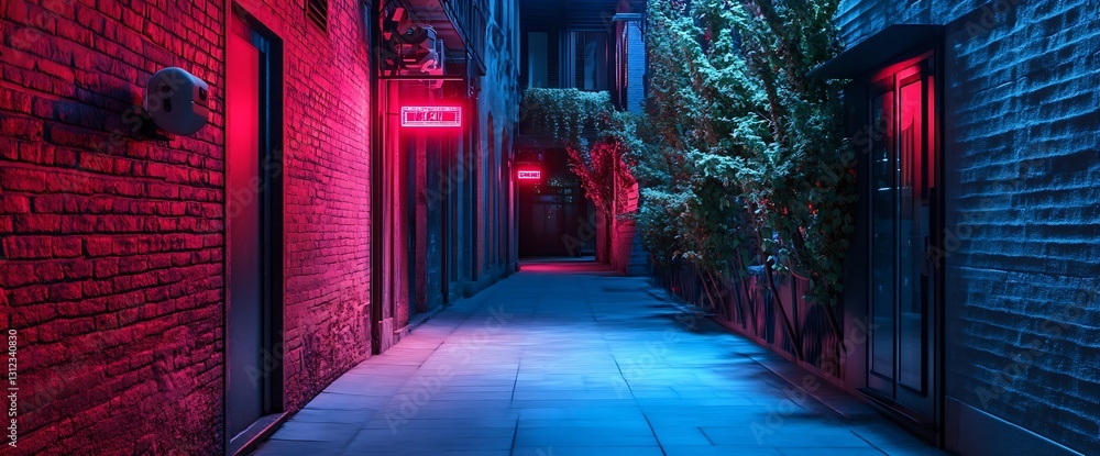 Poster stylish modern alleyway adorned with neon signs and vibrant green foliage in an urban setting : gene