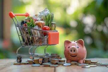 Mini shopping cart filled with assorted products, placed next to a piggy bank with a few coins on the table, symbolizing shopping and savings.

