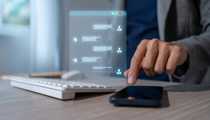 AI chatbot support, businessman using online chatbot app to provide instant assistance solutions.
