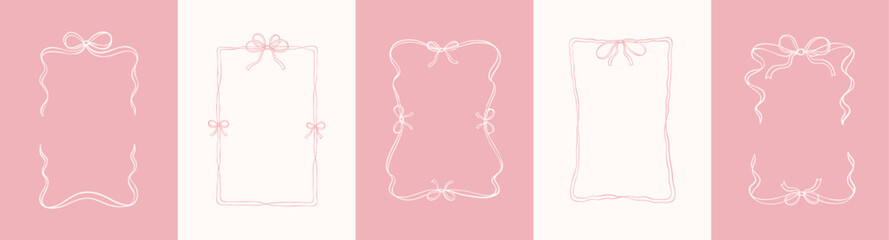 Set of rectangle elegant bow ribbon frames. Coquettish hand drawn doodle line art illustration. French style. Italian la dolce vita design element. Whimsical spring border drawing. Wedding invitation © Kseniia