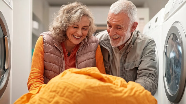 Happy couple doing laundry together in laundromat, sharing smiles and joy while folding bright orange blanket. Their connection and teamwork shine through this everyday moment - Powered by Adobe