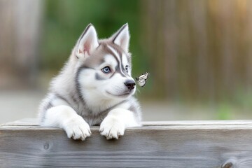 Fototapeta premium A playful Siberian Husky puppy gazes at a butterfly in a serene outdoor setting