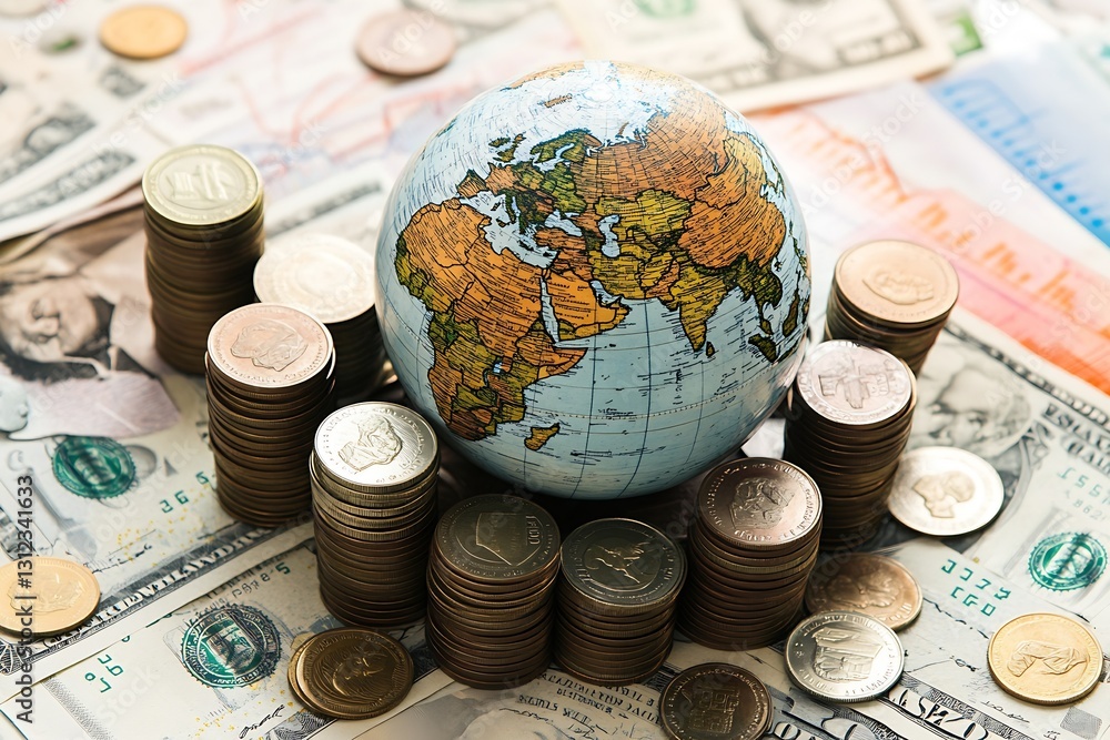 Poster globe surrounded by stacked coins and currency notes illustrating financial growth and global market
