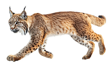 Fototapeta premium A Stealthy Lynx Blending Into the Woodland as It Moves with Purpose Isolated on transparent background PNG