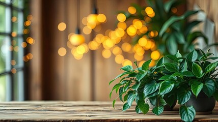 Rustic Wooden Table Green Plants Warm Lights Cozy Home Decor
