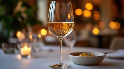 an elegant white wine glass with a filled bowl set against a soft focus background of a dining table