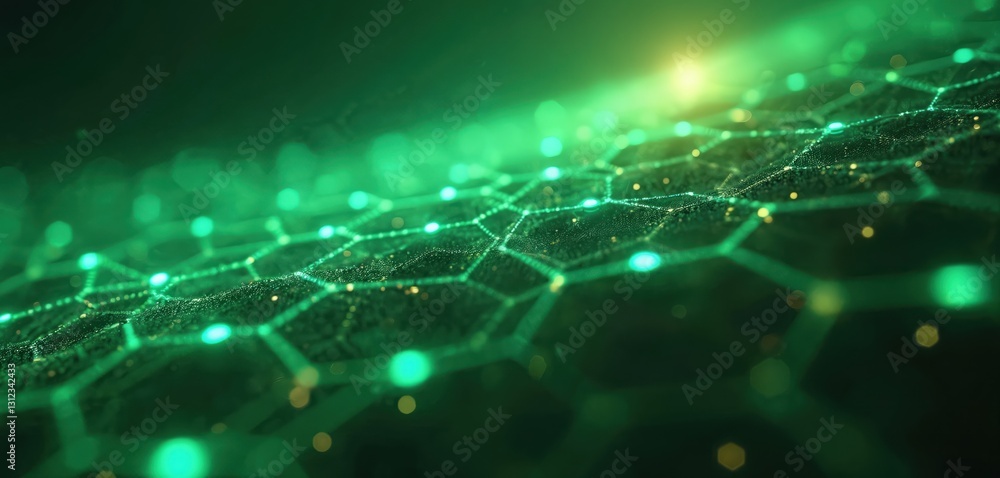 Poster Abstract tech background with green hues, glowing particles, blurred bokeh. Futuristic mesh network or graphene structure. Modern design template for science, digital tech, communication concepts.