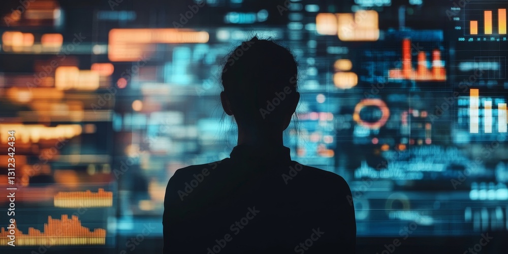 Poster a woman is looking at a computer screen with a lot of numbers and graphs