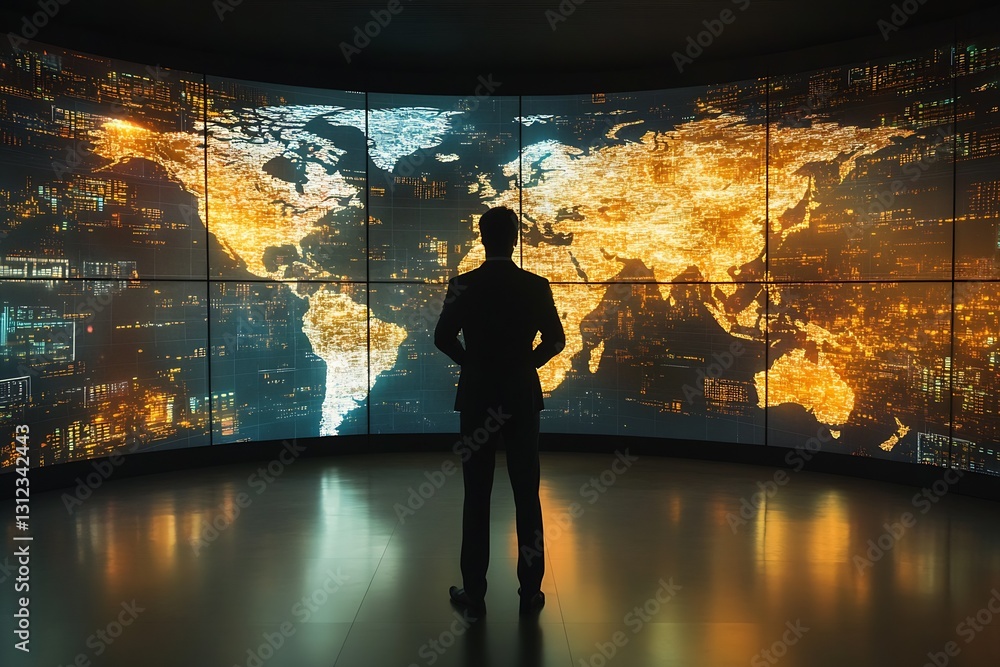 Poster Silhouette of a businessman observing a global map on a high-tech display showcasing interactivity and modern data processing : Generative AI
