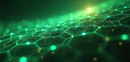 Abstract tech background with green hues, glowing particles, blurred bokeh. Futuristic mesh network or graphene structure. Modern design template for science, digital tech, communication concepts.