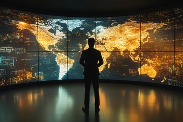 Silhouette of a businessman observing a global map on a high-tech display showcasing interactivity and modern data processing : Generative AI