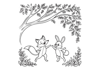 Fox Rabbit Vector Woodland Scene Illustration EPS 