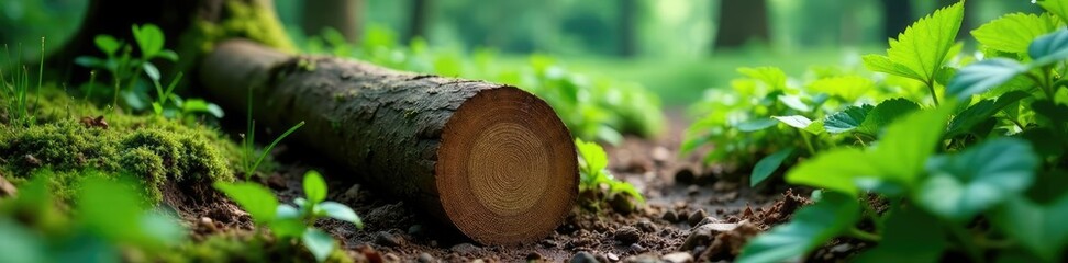 Trunk fragment submerged in soil amidst lush foliage, botanical, woodland, trees