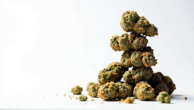 Stack of cannabis nugs in a vertical column on white, bud, color palette