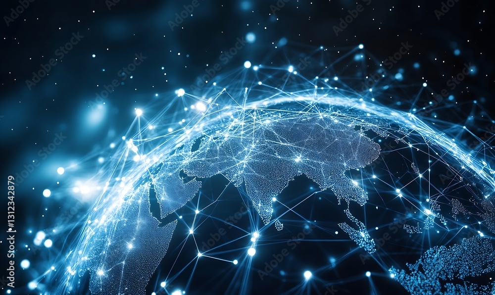 Poster Advanced network connectivity illustration featuring a digital globe surrounded by glowing data points and lines : Generative AI