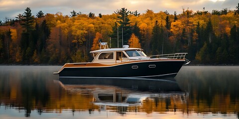 Charming motorboat parked on a serene lake with stunning reflections of trees showcasing autumn colors : Generative AI
