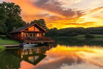 Fototapeta premium Stunning lakeside cabin at sunset showcasing vibrant colors and peaceful ambiance : Generative AI