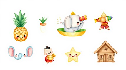 Fototapeta premium Cute Cartoon Animals Pineapple House Star Childrens Illustration