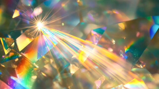 Colorful light refraction through crystal prism creates vibrant spectrum effect