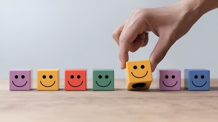 A concept representing customer satisfaction feedback surveys. A person picks a yellow smiling face block from a row of colorful blocks displaying various facial expressions